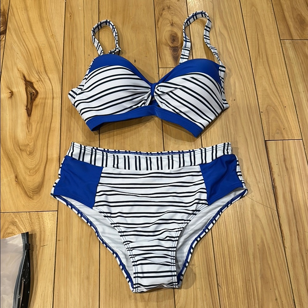Blue and White Striped Bikini Set size Small